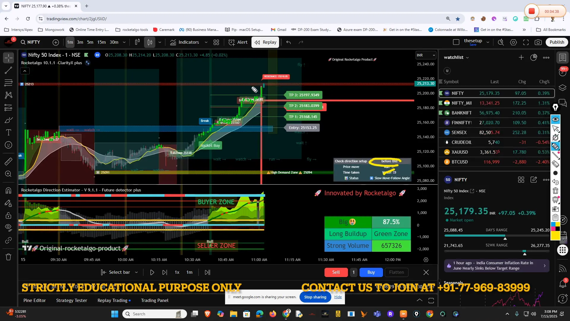 Profit booking warning from Rocketalgo setup during a trade