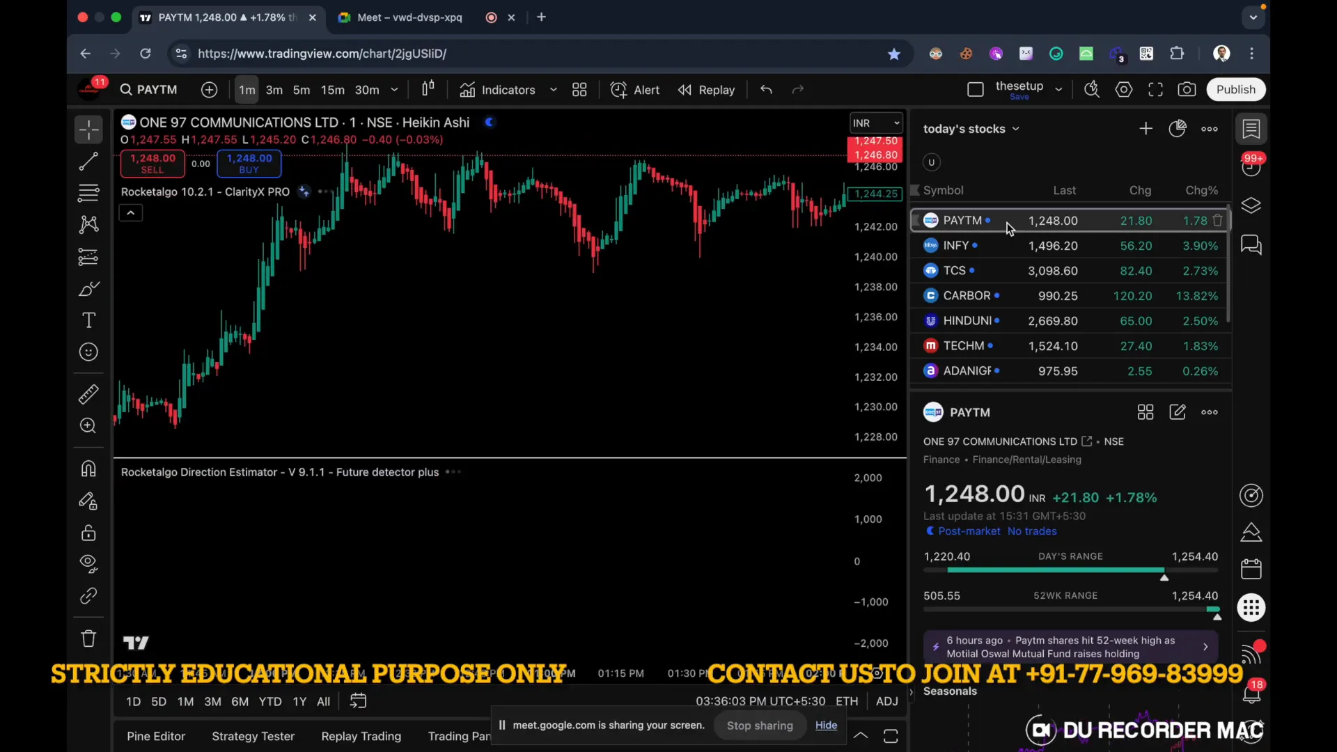 Watchlist snapshot showing multiple stocks pulled by the scanner