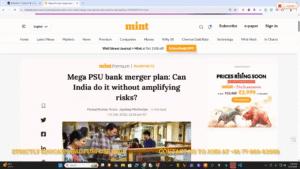 Mint news article headline: 'Mega PSU bank merger plan: Can India do it without amplifying risks?' on a news website page.
