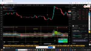 TradingView intraday chart with annotated buyer zone, direction estimator, volume histogram and watchlist sidebar showing entry and setup context