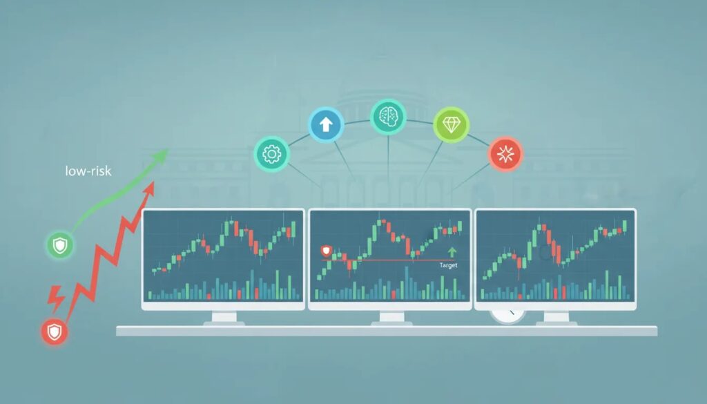 Illustration of a trader's desk with candlestick charts showing red stop-loss and green target lines, five connected icons representing a five-step trading formula, and visual cues for low-risk versus high-risk strategies—suitable for ABCMP 5-step trading formula for Nifty and BankNifty options