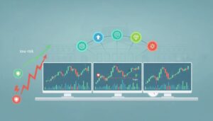 Illustration of a trader's desk with candlestick charts showing red stop-loss and green target lines, five connected icons representing a five-step trading formula, and visual cues for low-risk versus high-risk strategies—suitable for ABCMP 5-step trading formula for Nifty and BankNifty options