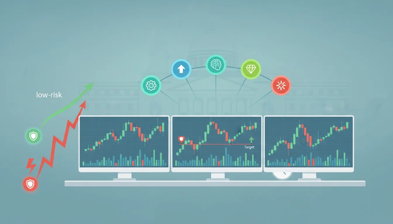 Illustration of a trader's desk with candlestick charts showing red stop-loss and green target lines, five connected icons representing a five-step trading formula, and visual cues for low-risk versus high-risk strategies—suitable for ABCMP 5-step trading formula for Nifty and BankNifty options