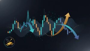 Abstract market overview illustration showing a Nifty opening trap reversing into a later directional move, sector weakness signals, gold strength, and an AI-themed neural glow on charts, with no text.